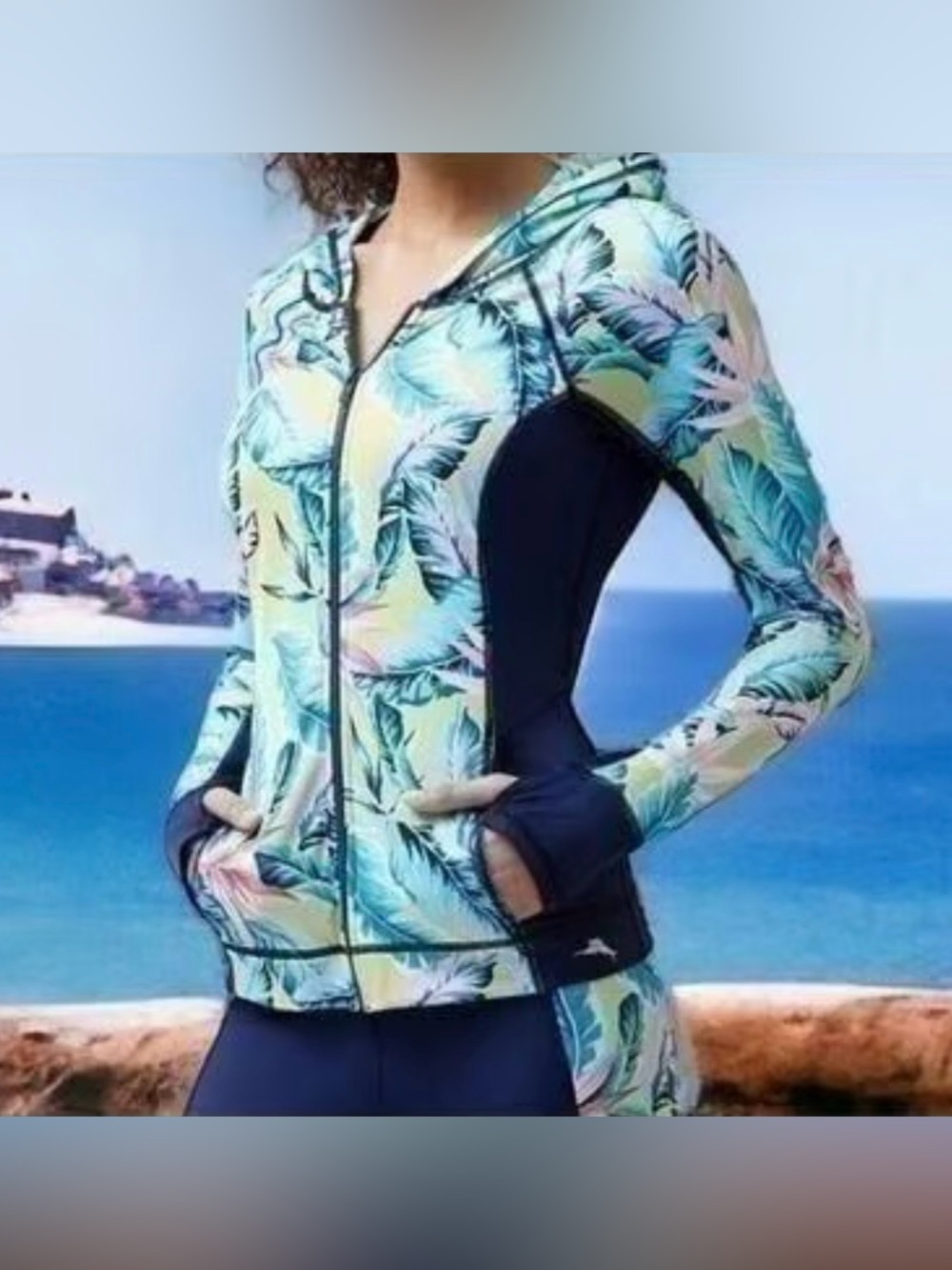 Tommy Bahama Sz M Zip Rash Guard Hoodie & Capri legging Set Tropical Lime, Blue